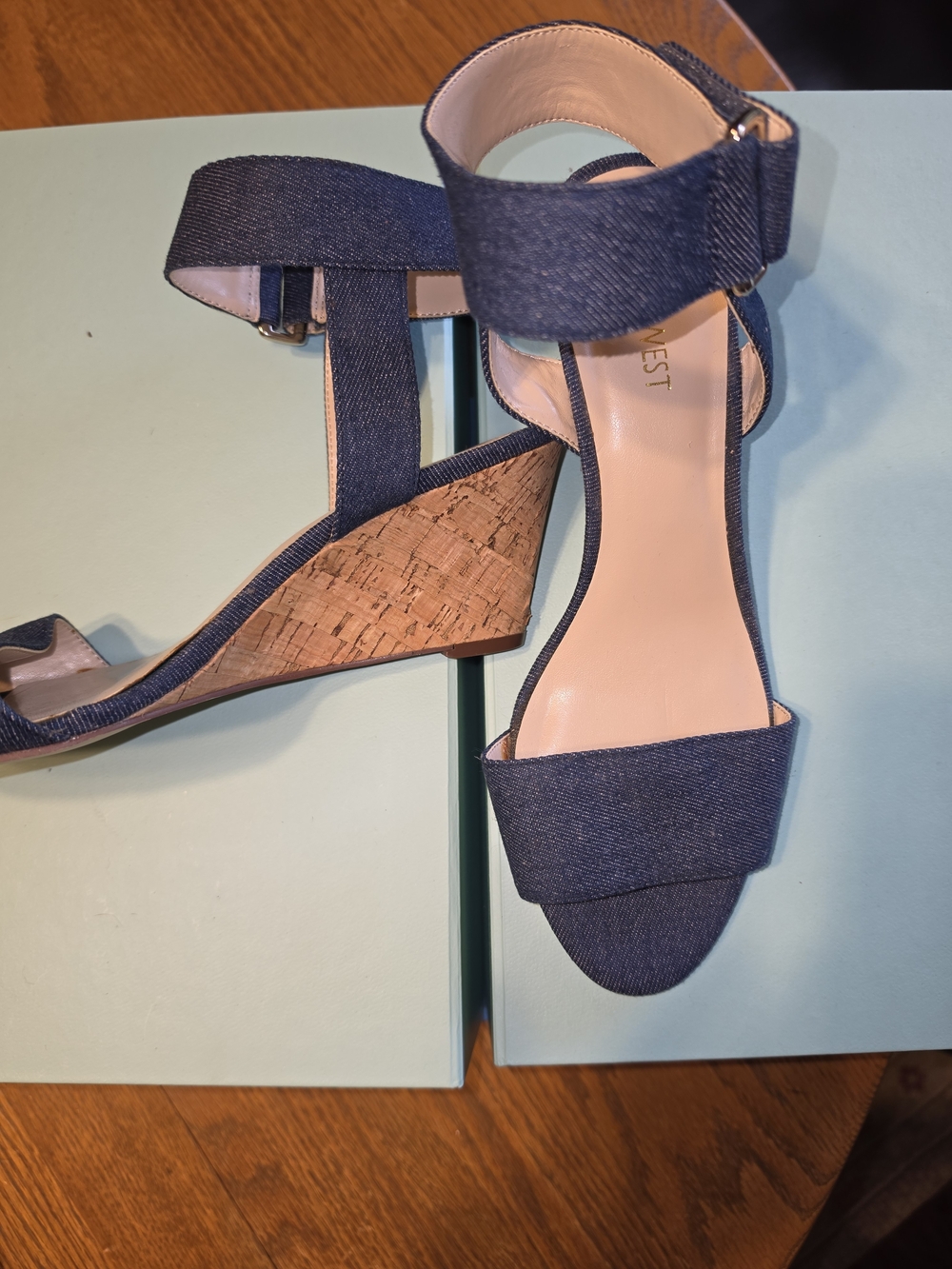 Nine West Denim Wedge Sandals - Blue Ankle Strap Cork Heel NEW